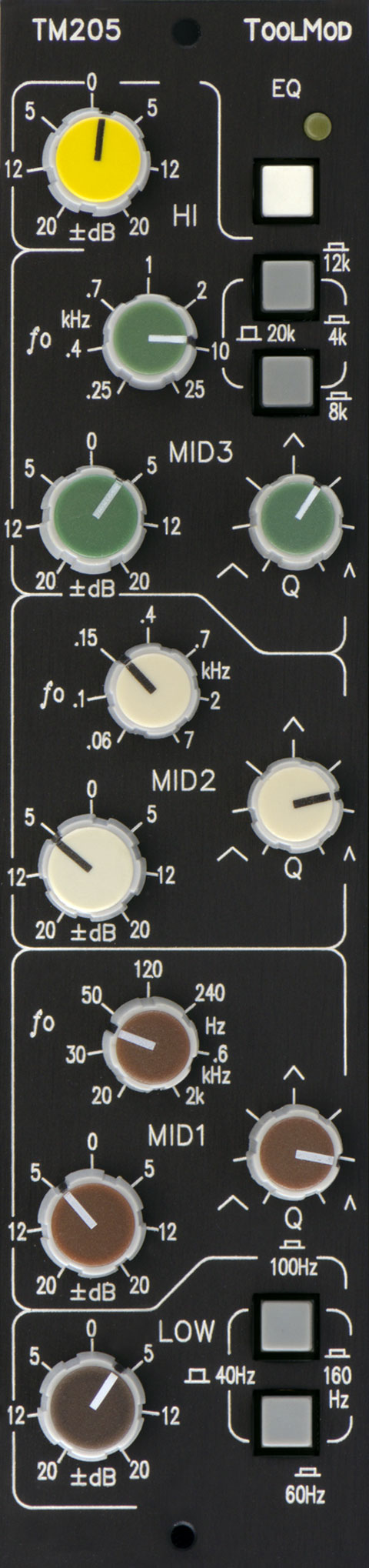 Stereo Mastering Equalizer with 20 dB Control Range, vertical Version